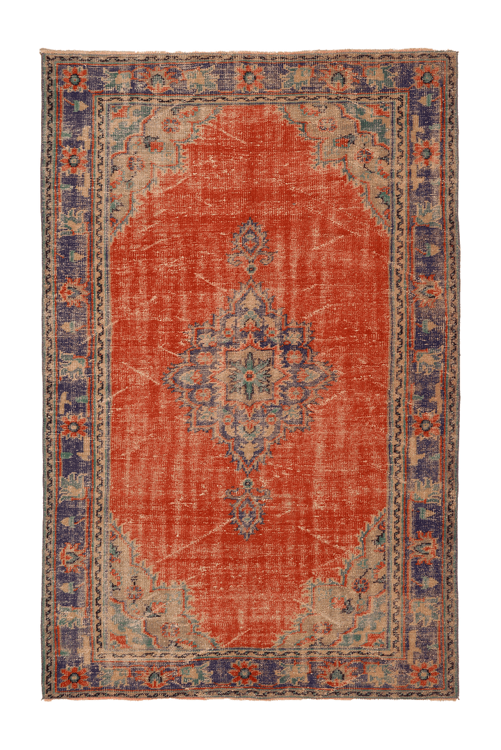 Vintage Manisa Turkish Area Rug 5x8 ft — Orange & Blue Floral