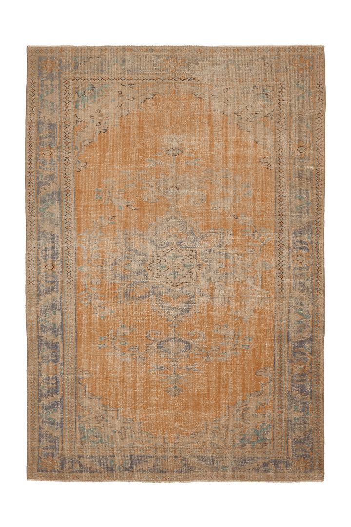 Vintage Manisa Turkish Area Rug 6x9 ft — Orange & Beige Floral