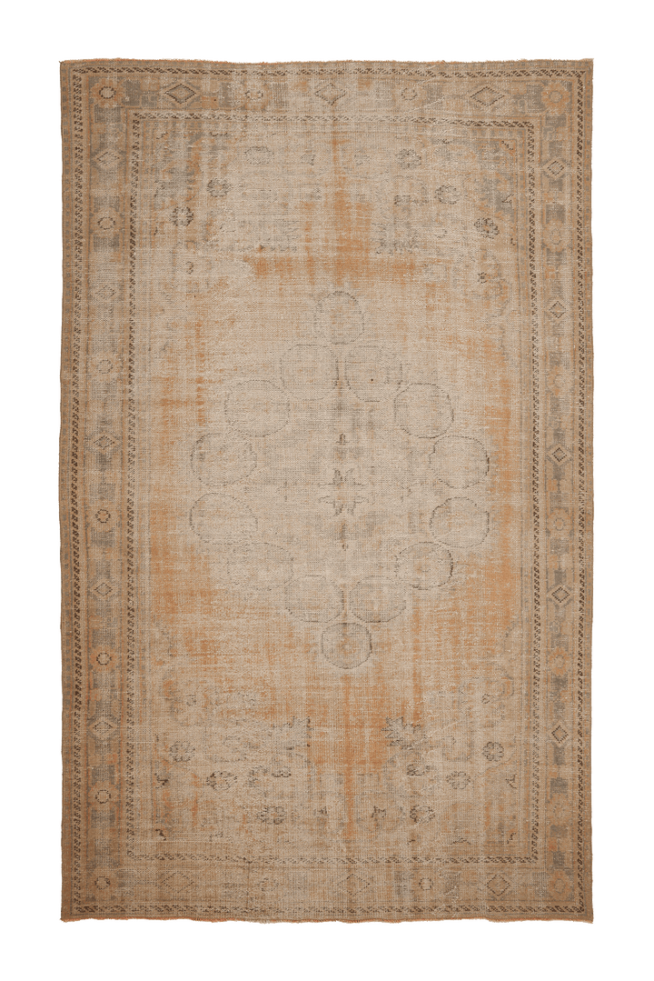 Vintage Manisa Turkish Area Rug 7x11 ft — Orange & Beige Floral