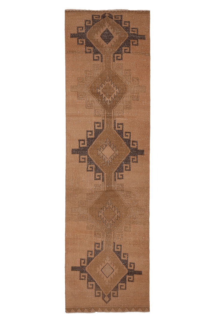 Vintage Malatya Turkish Runner Rug 3x12 ft — Beige & Brown Geometric