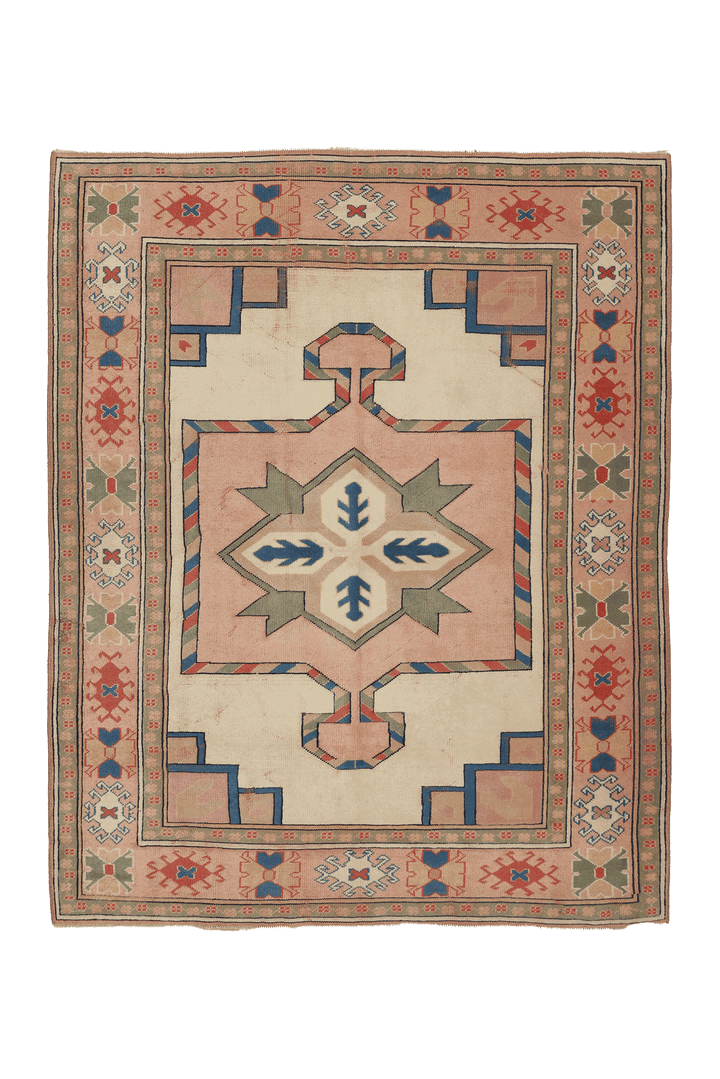 Vintage Niğde Turkish Area Rug 6x8 ft — Beige & Pink Geometric