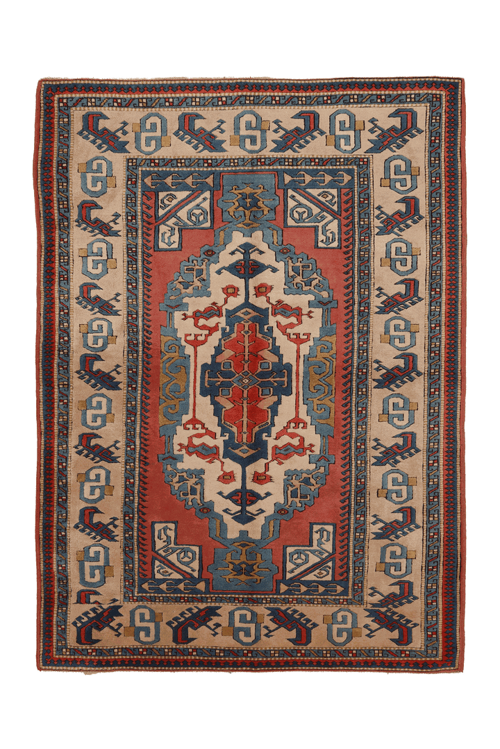 Vintage Çanakkale Turkish Area Rug 7x9 ft — Red & Blue Geometric