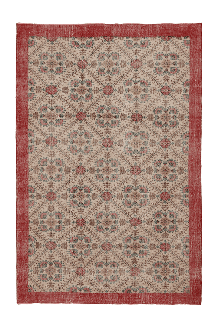 Vintage Isparta Turkish Area Rug 6x9 ft — Beige & Red Floral