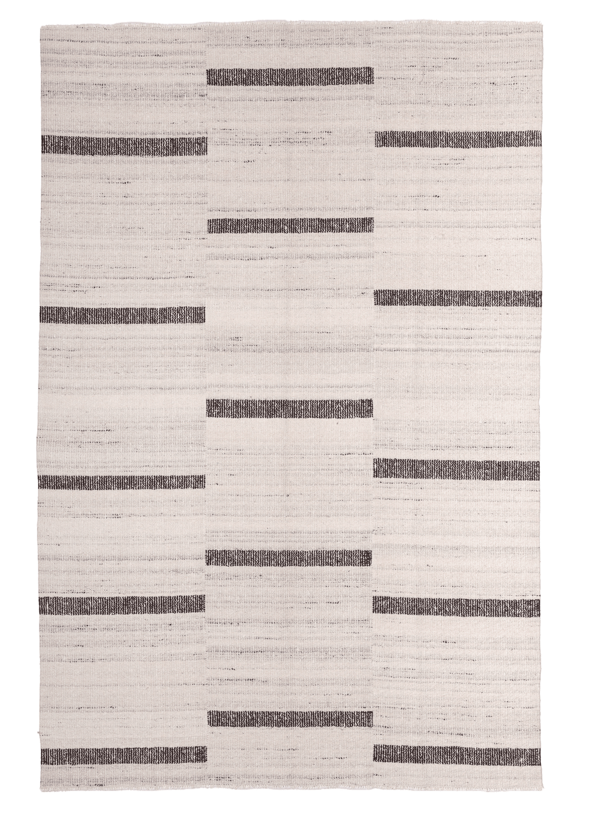 Handwoven white and brown wool-blend flatweave rug with a modern geometric striped pattern.