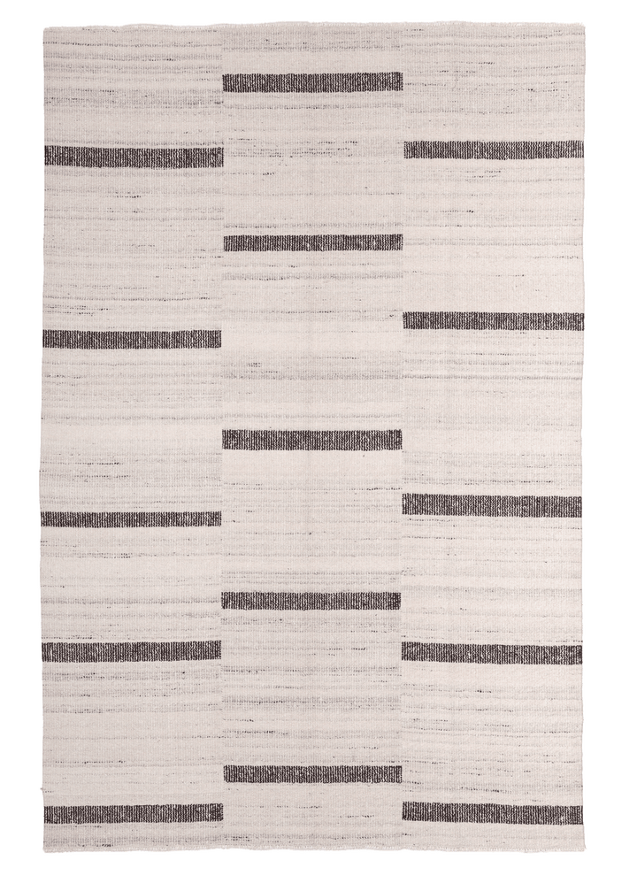 Handwoven white and brown wool-blend flatweave rug with a modern geometric striped pattern.