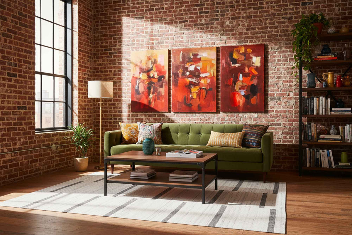White and brown wool-blend flatweave rug with a modern geometric pattern in a cozy living room setting.