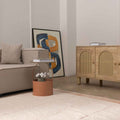 Apricot shaggy wool rug with a soft high-pile texture in a cozy, modern living room setting.