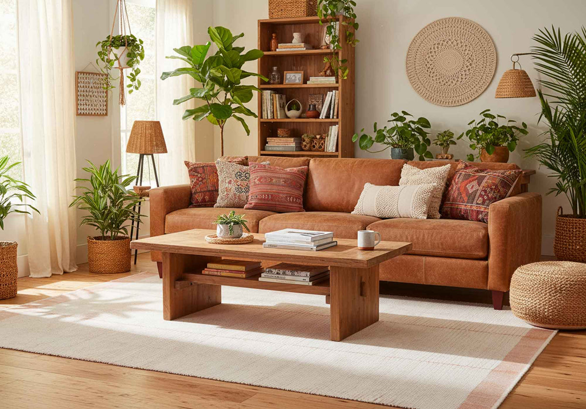Soft apricot shaggy wool rug with a high-pile texture in a cozy, sunlit living room with wooden furniture.