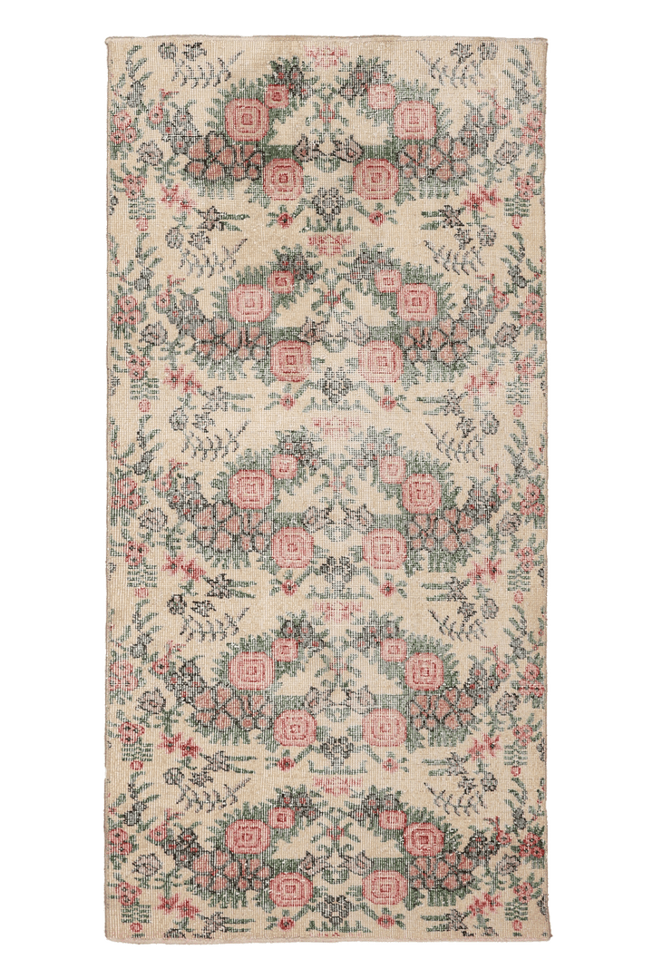 Vintage Isparta Turkish Runner Rug 3x6 ft — Beige & Pink Floral