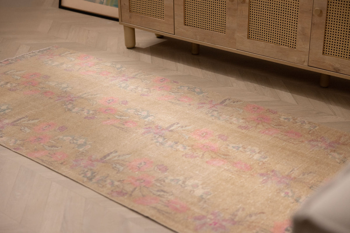 Vintage Isparta Turkish Area Rug 3x8 ft — Beige & Pink Floral