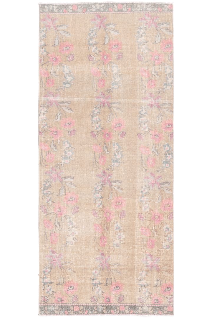 Vintage Isparta Turkish Area Rug 3x8 ft — Beige & Pink Floral