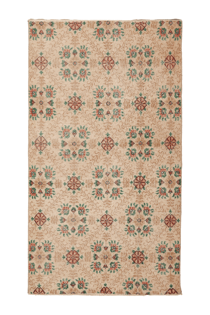 Vintage Isparta Turkish Area Rug 4x7 ft — Beige & Brown Floral