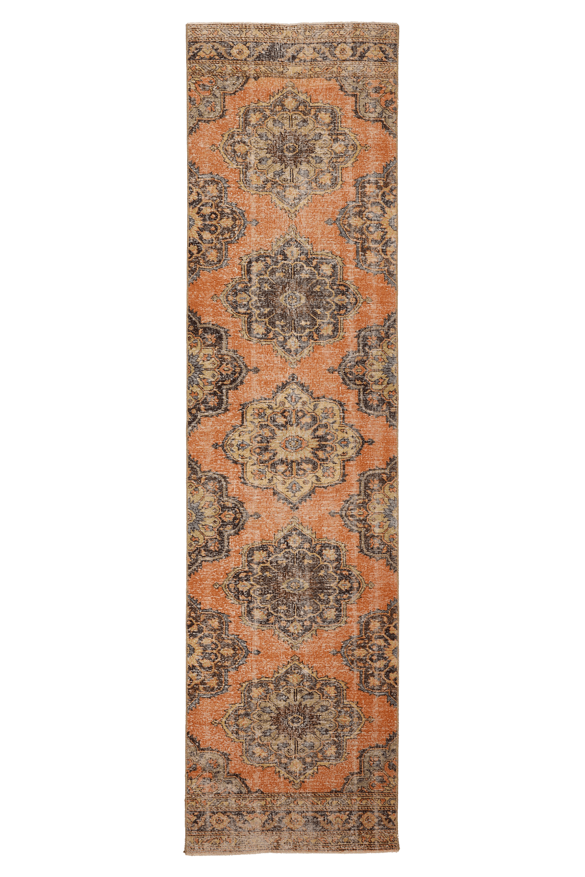 Vintage Konya Turkish Runner Rug 3x12 ft — Orange & Brown Floral