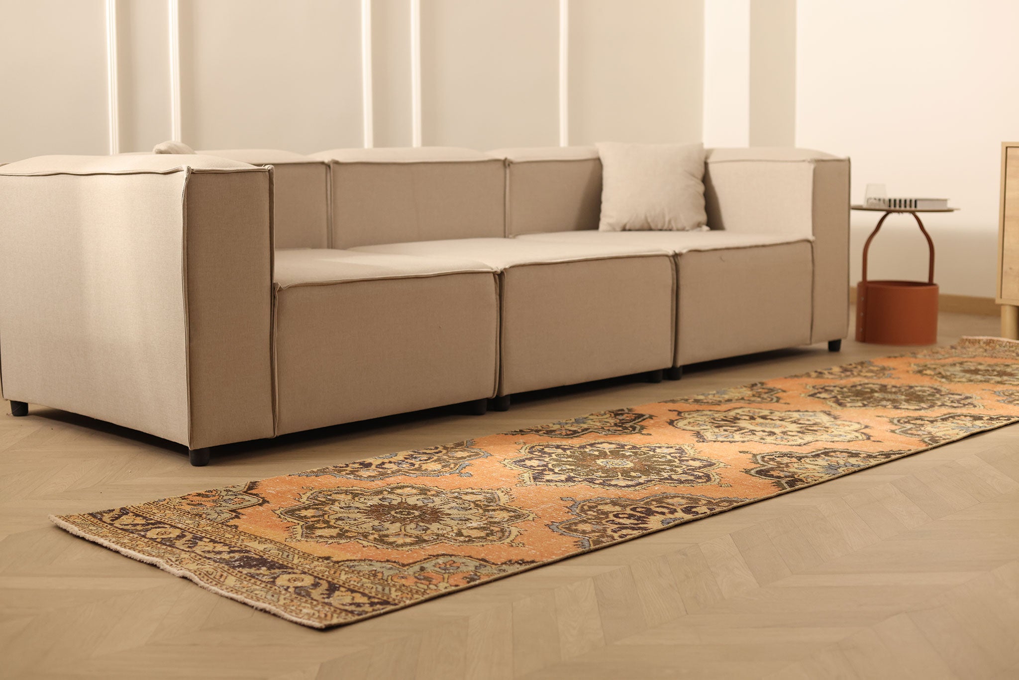 Vintage Konya Turkish Runner Rug 3x12 ft — Orange & Brown Floral