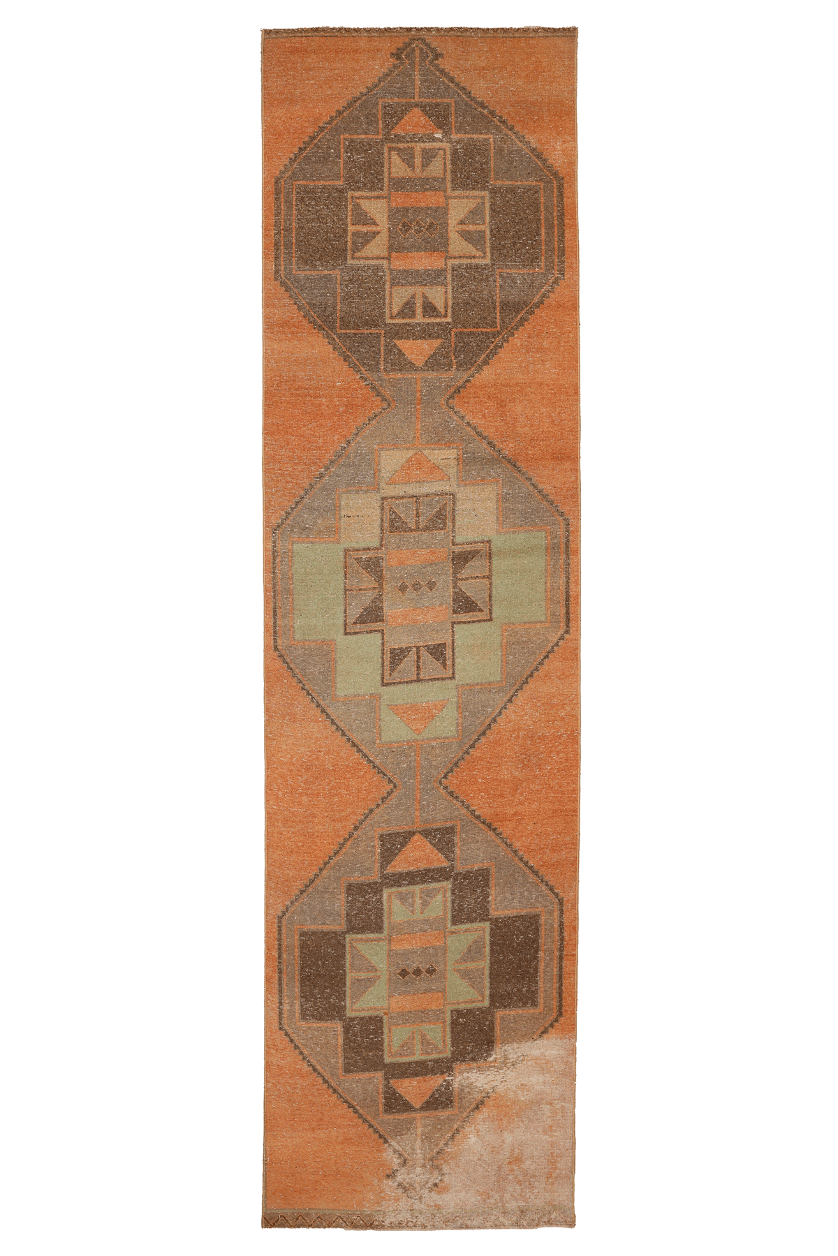 Vintage Malatya Turkish Runner Rug 3x12 ft — Orange & Brown Geometric (No. 20891)