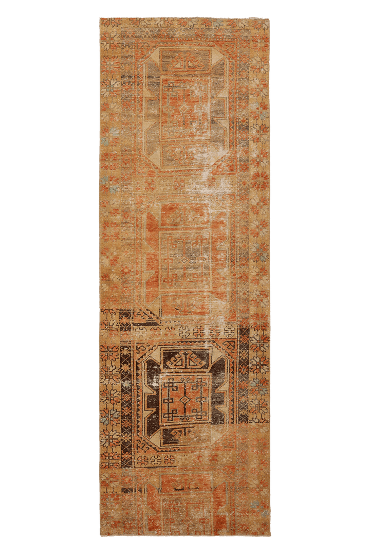 Vintage Malatya Turkish Runner Rug 3x10 ft — Orange & Beige Distressed
