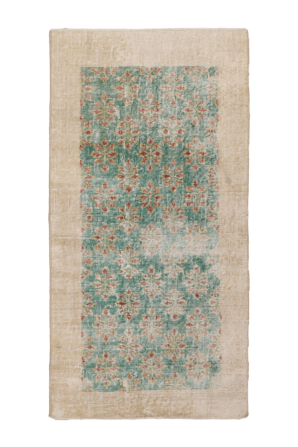 Vintage Isparta Turkish Area Rug 2x5 ft — Green & Beige Distressed