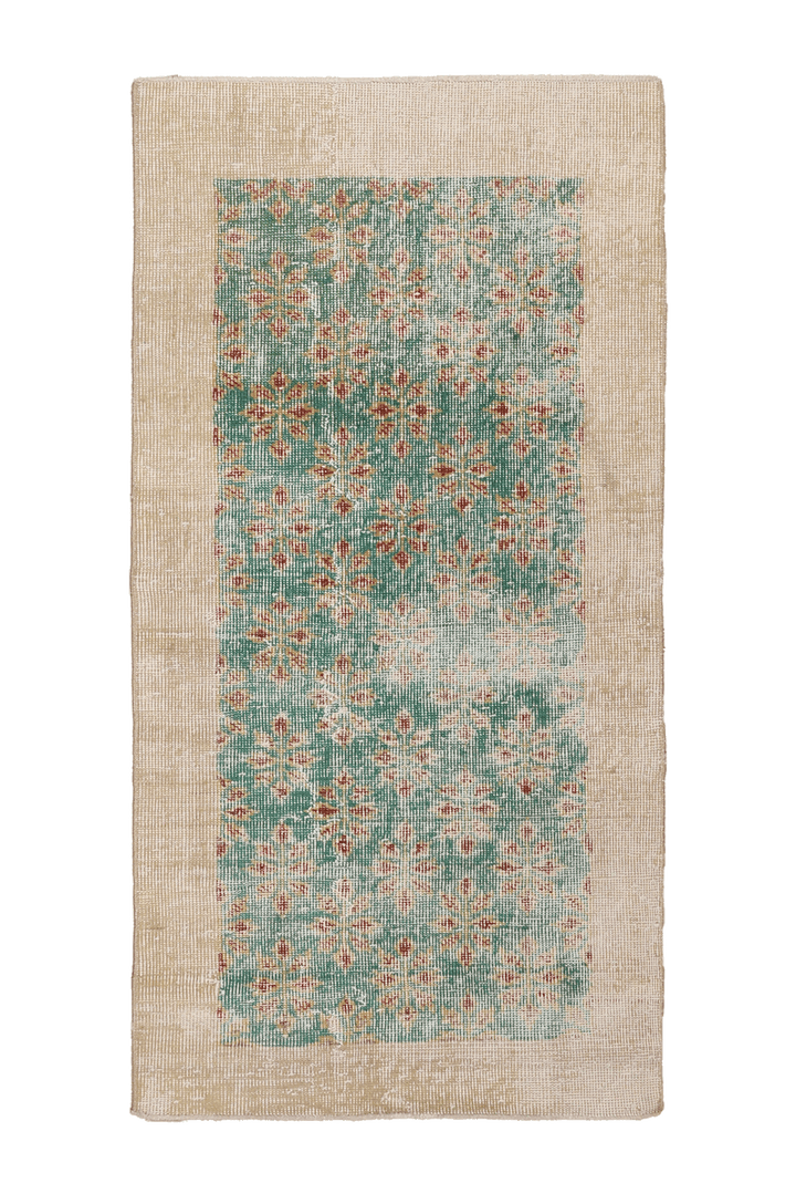 Vintage Isparta Turkish Area Rug 2x5 ft — Green & Beige Distressed