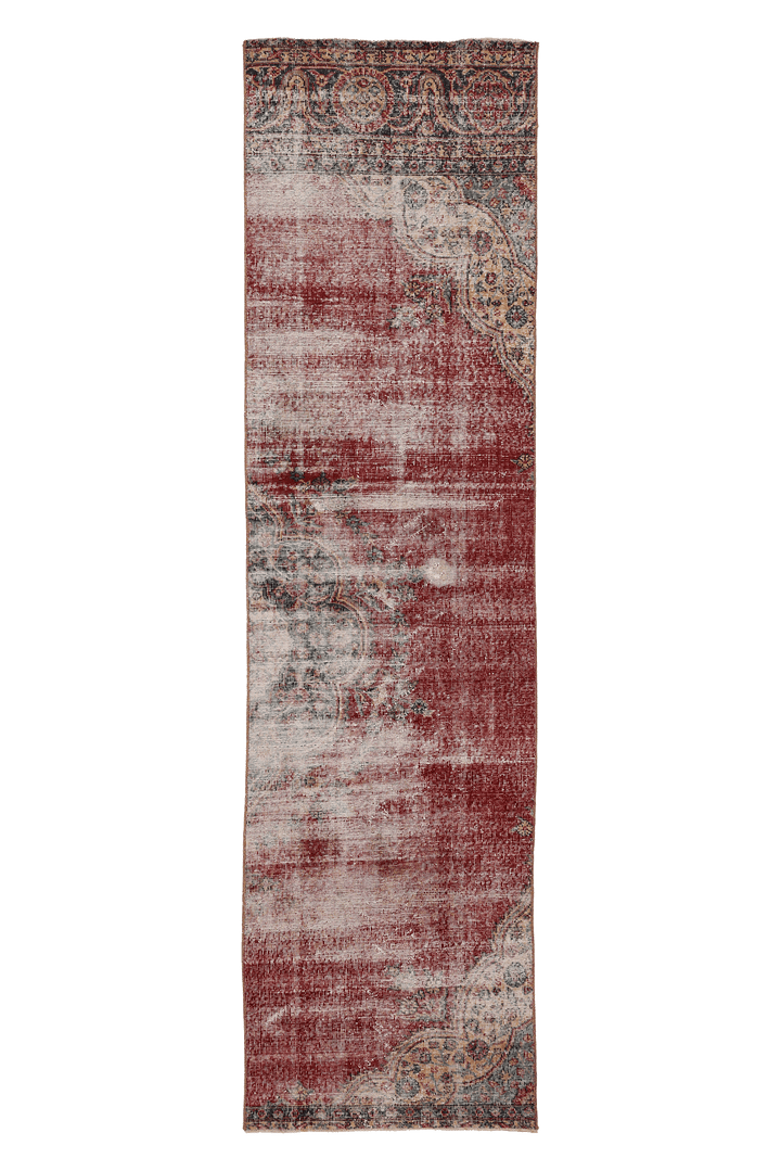 Vintage Isparta Turkish Runner Rug 2x10 ft — Red & White Distressed