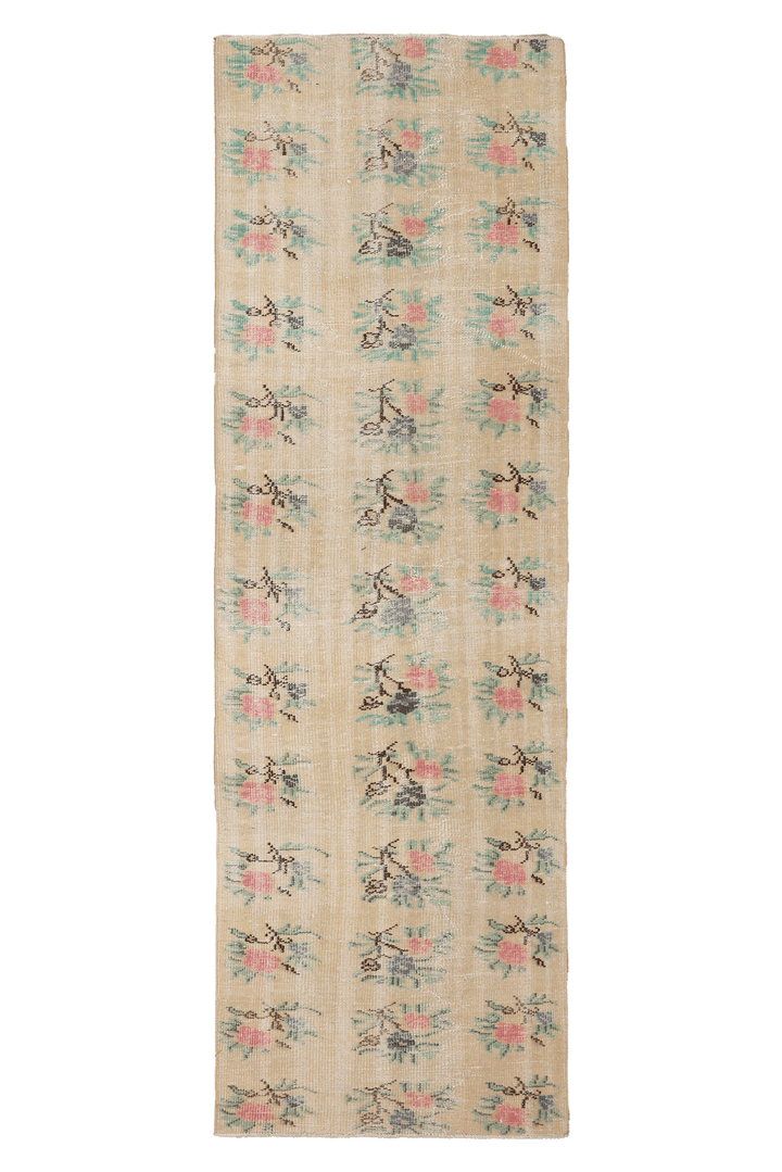 Vintage Manisa Turkish Runner Rug 2x9 ft — Beige & Pink Floral