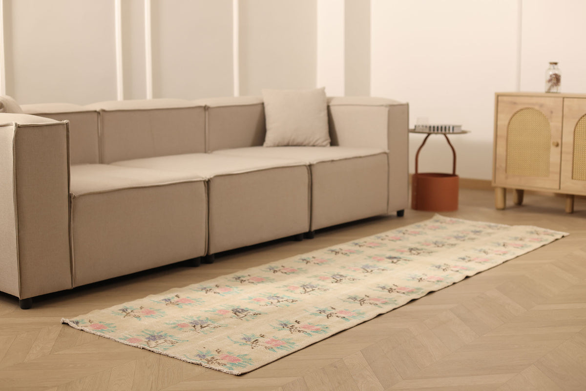 Vintage Manisa Turkish Runner Rug 2x9 ft — Beige & Pink Floral