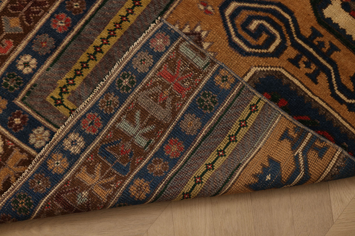 Vintage Aksaray Turkish Runner Rug 2x8 ft — Brown & Blue Geometric