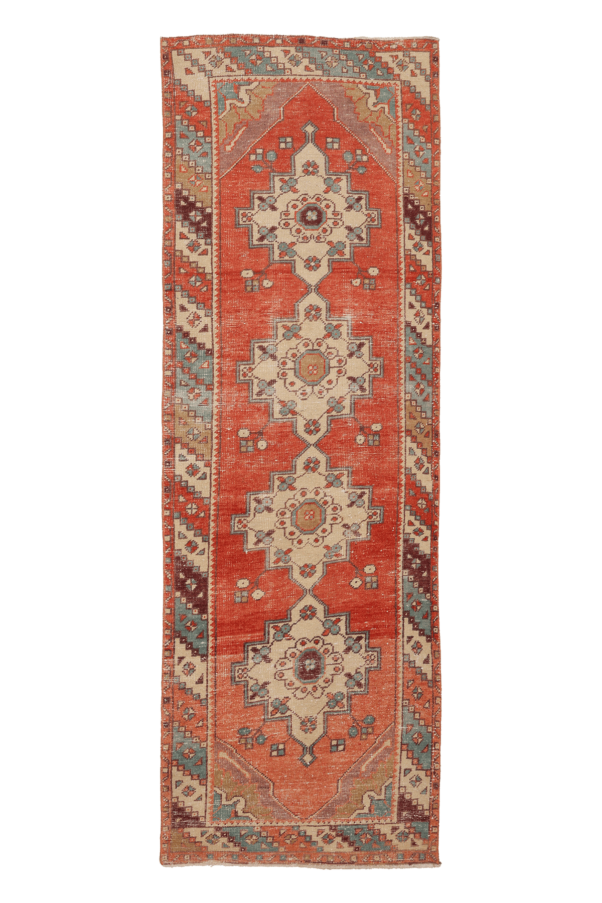 Vintage Niğde Turkish Runner Rug 3x9 ft — Red & Beige Geometric