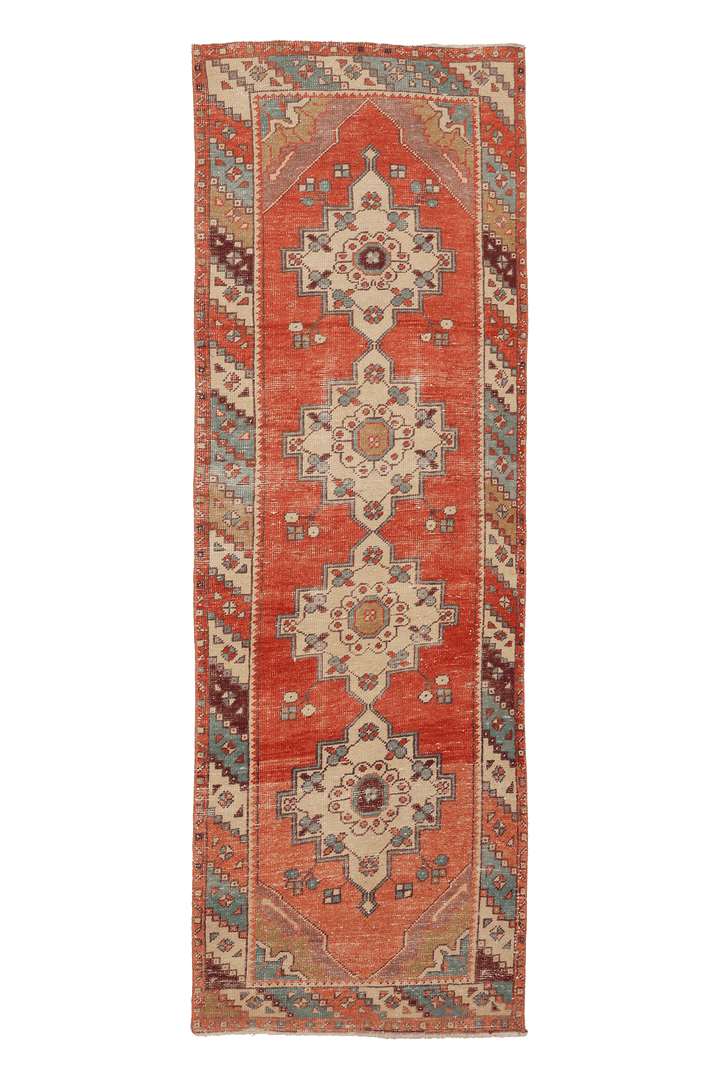 Vintage Niğde Turkish Runner Rug 3x9 ft — Red & Beige Geometric