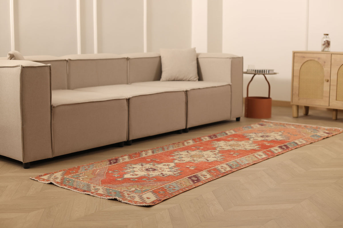 Vintage Niğde Turkish Runner Rug 3x9 ft — Red & Beige Geometric