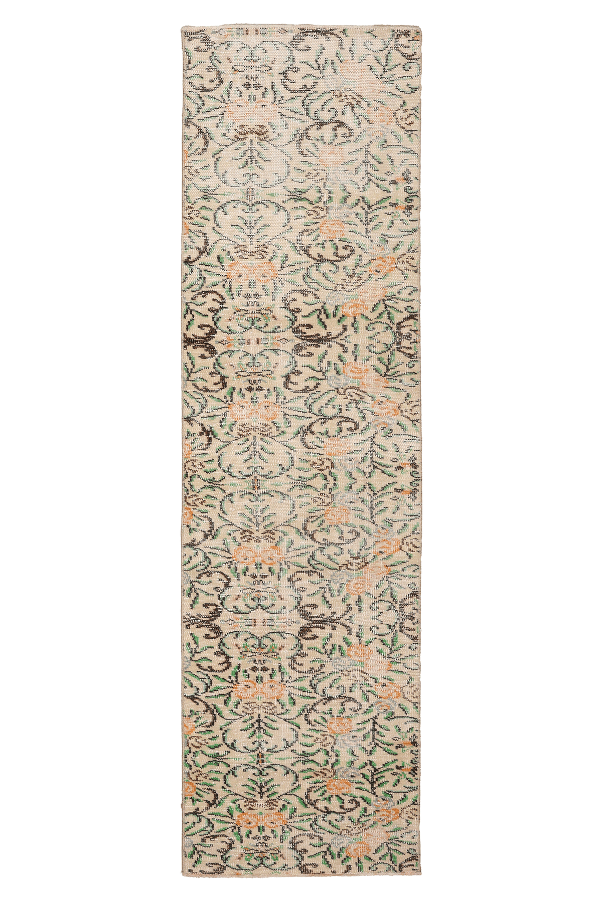 Vintage Manisa Turkish Runner Rug 2x8 ft — Beige & Green Floral