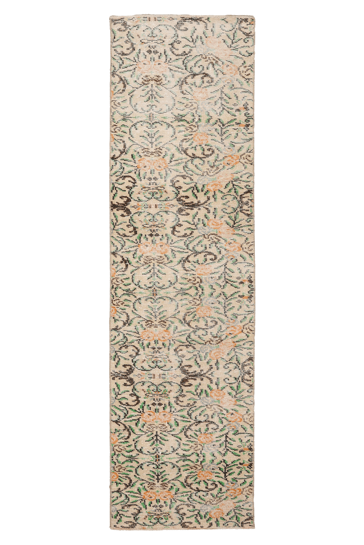Vintage Manisa Turkish Runner Rug 2x8 ft — Beige & Green Floral