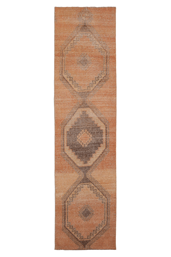 Vintage Malatya Turkish Runner Rug 3x12 ft — Orange & Brown Geometric (No. 21109)