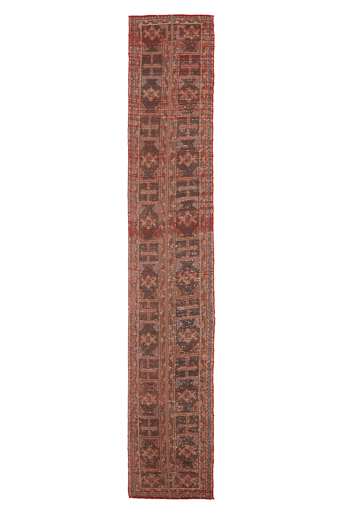 Vintage Konya Turkish Runner Rug 1x10 ft — Brown & Red Patchwork