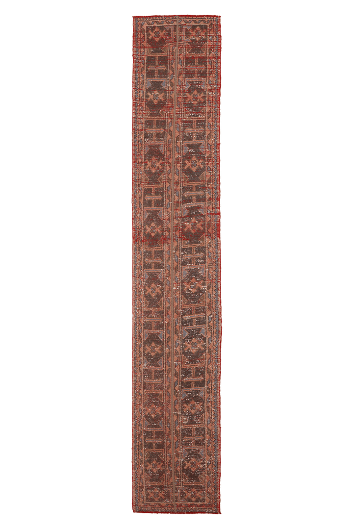 Vintage Konya Turkish Runner Rug 1x10 ft — Brown & Red Patchwork