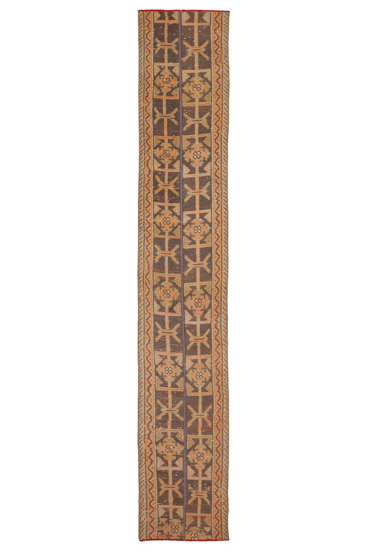 Vintage Konya Turkish Runner Rug 1x9 ft — Brown & Orange Patchwork