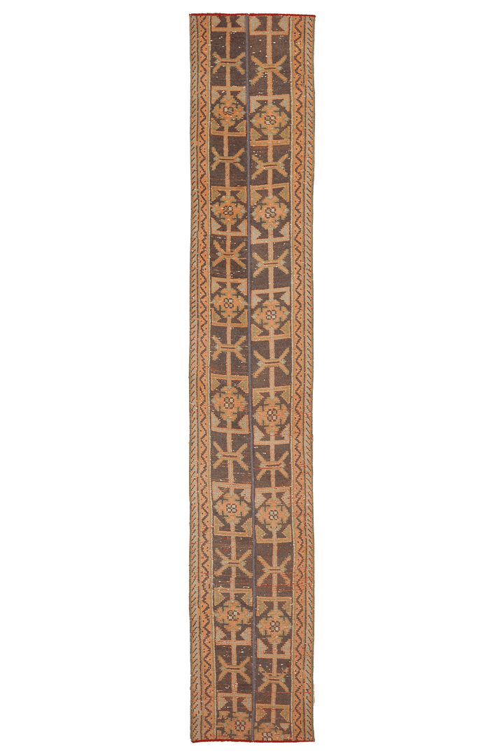 Vintage Konya Turkish Runner Rug 1x9 ft — Brown & Orange Patchwork