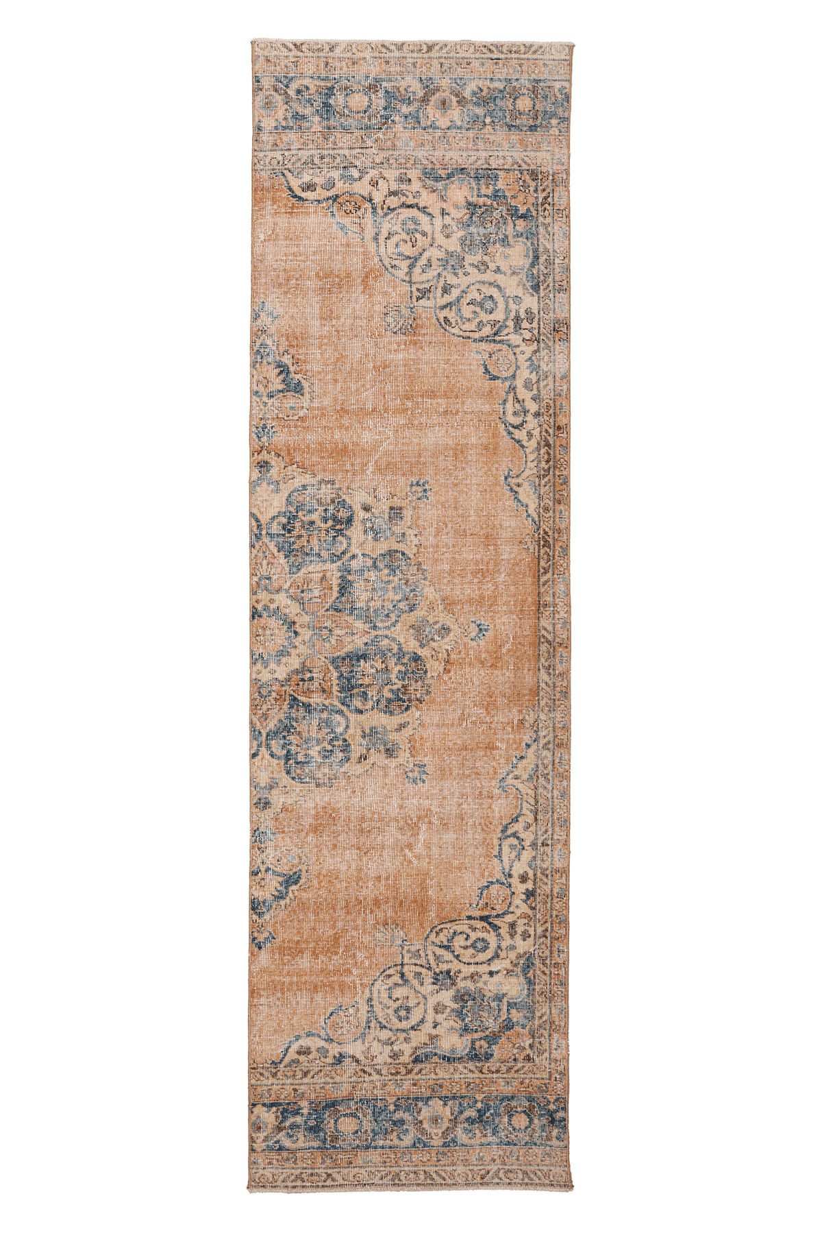 Vintage Isparta Turkish Runner Rug 2x10 ft — Orange & Blue Floral