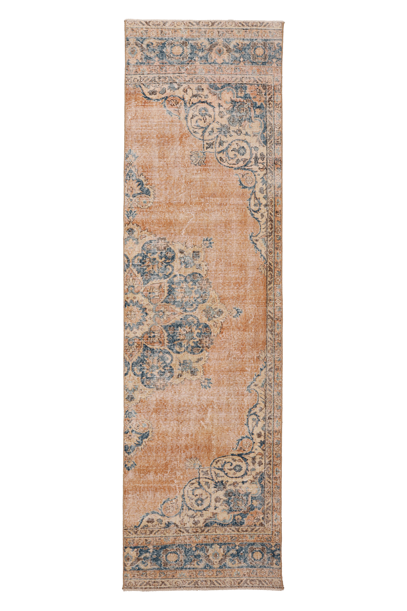 Vintage Isparta Turkish Runner Rug 2x10 ft — Orange & Blue Floral