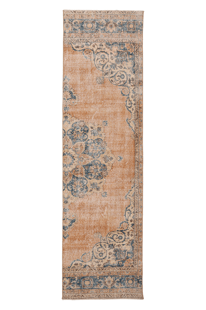 Vintage Isparta Turkish Runner Rug 2x10 ft — Orange & Blue Floral
