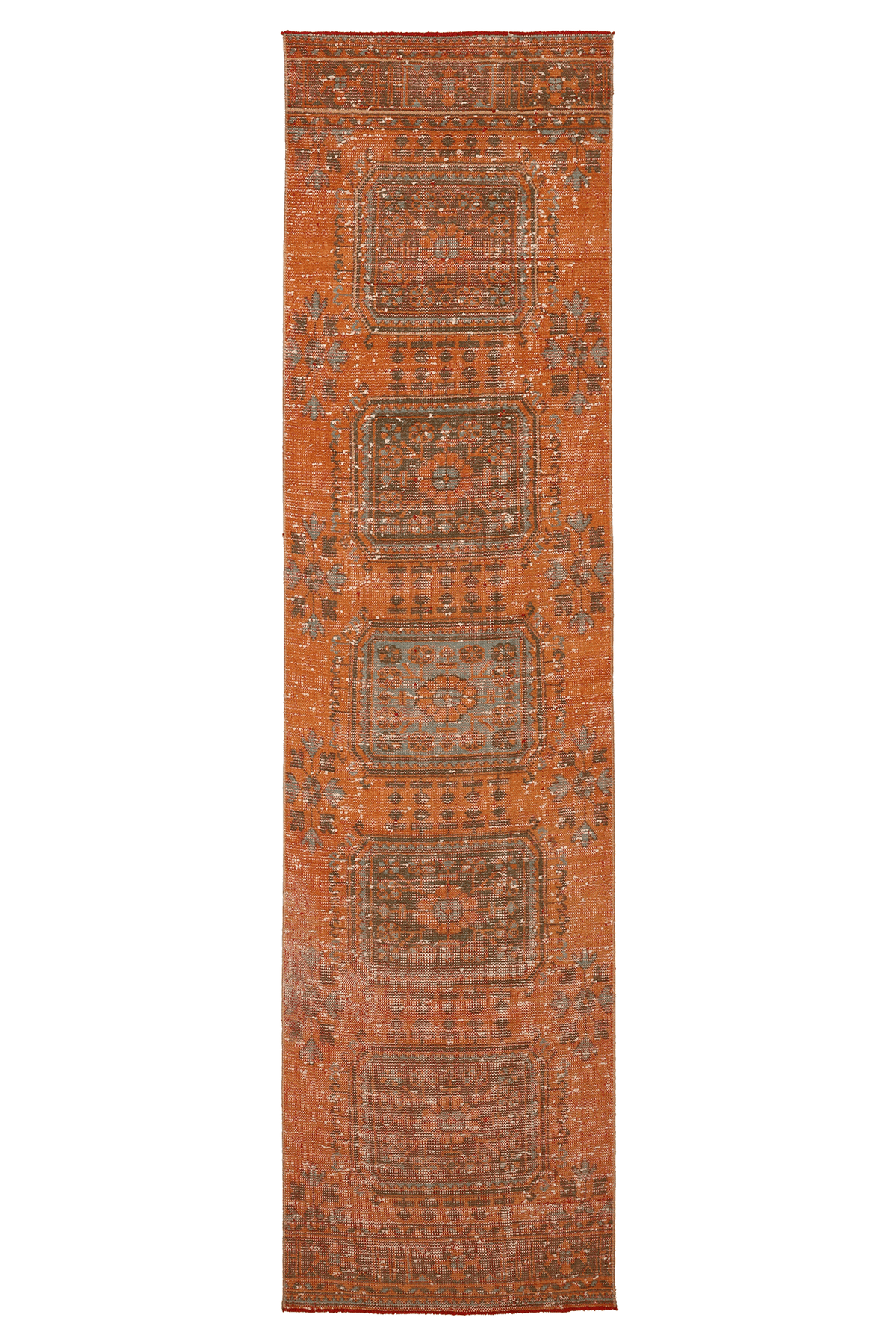 Vintage Konya Turkish Runner Rug 2x11 ft — Orange & Brown Geometric