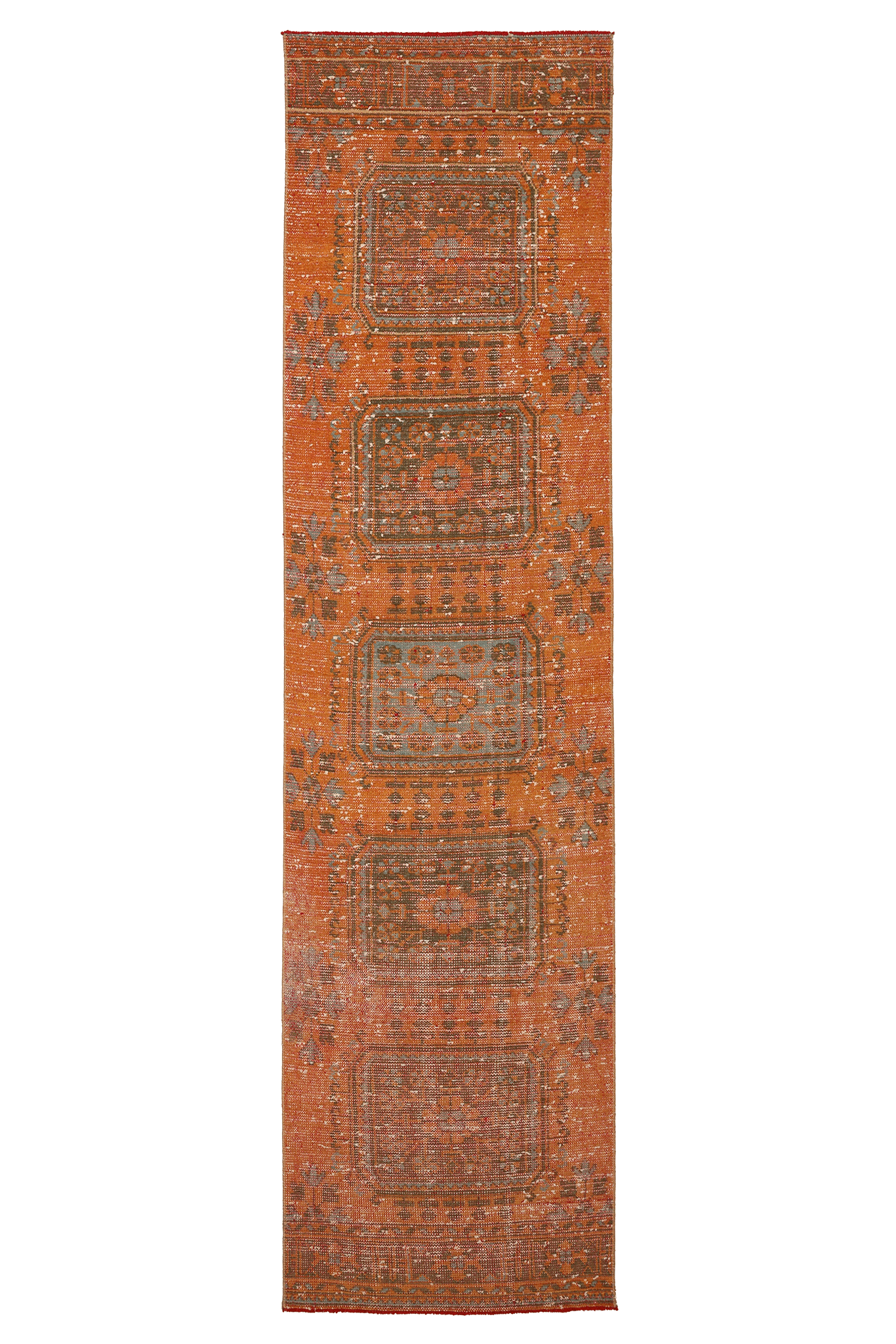 Vintage Konya Turkish Runner Rug 2x11 ft — Orange & Brown Geometric