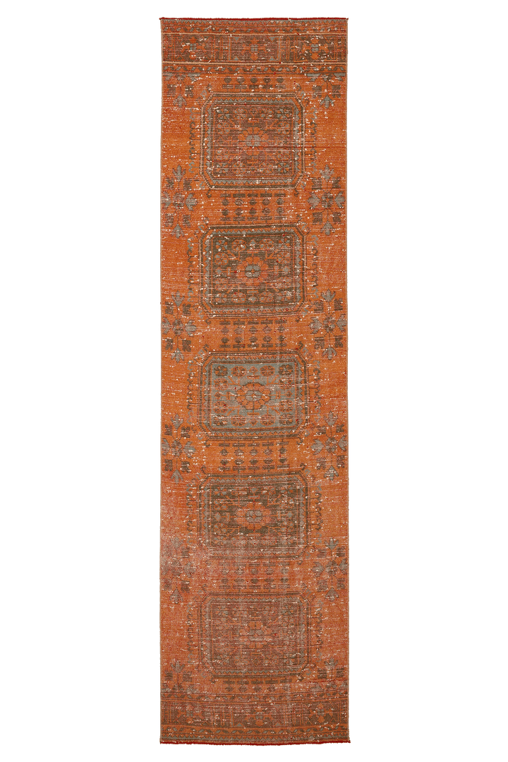 Vintage Konya Turkish Runner Rug 2x11 ft — Orange & Brown Geometric