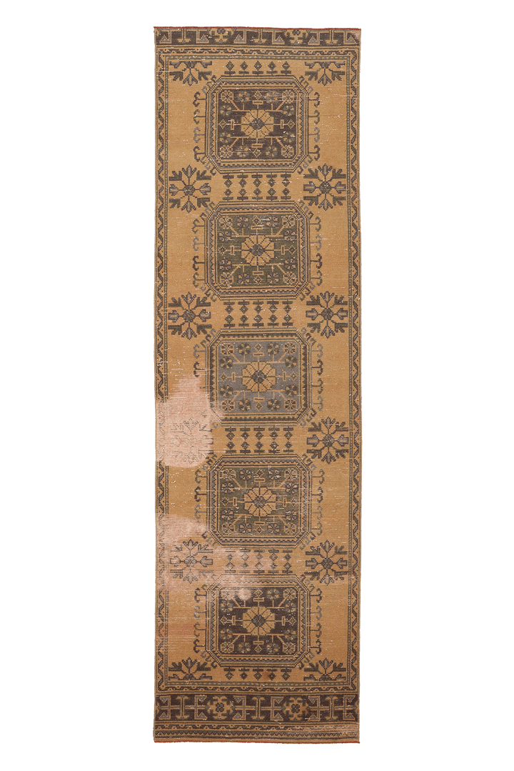 Vintage Konya Turkish Runner Rug 3x10 ft — Beige & Brown Geometric