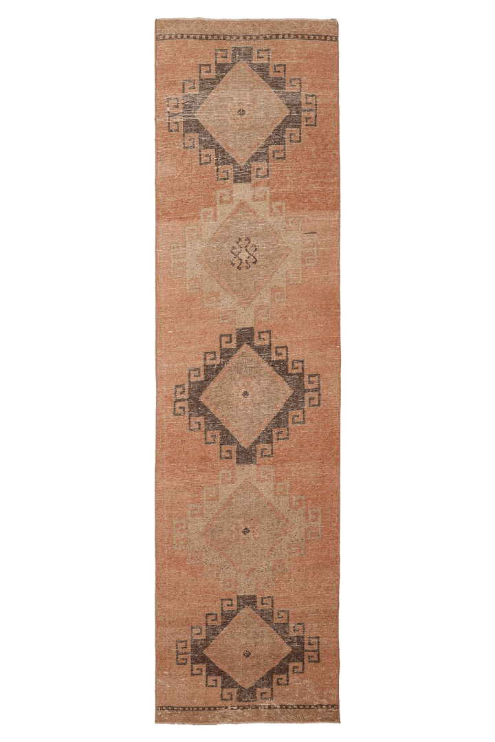 Vintage Malatya Turkish Runner Rug 3x12 ft — Orange & Brown Geometric