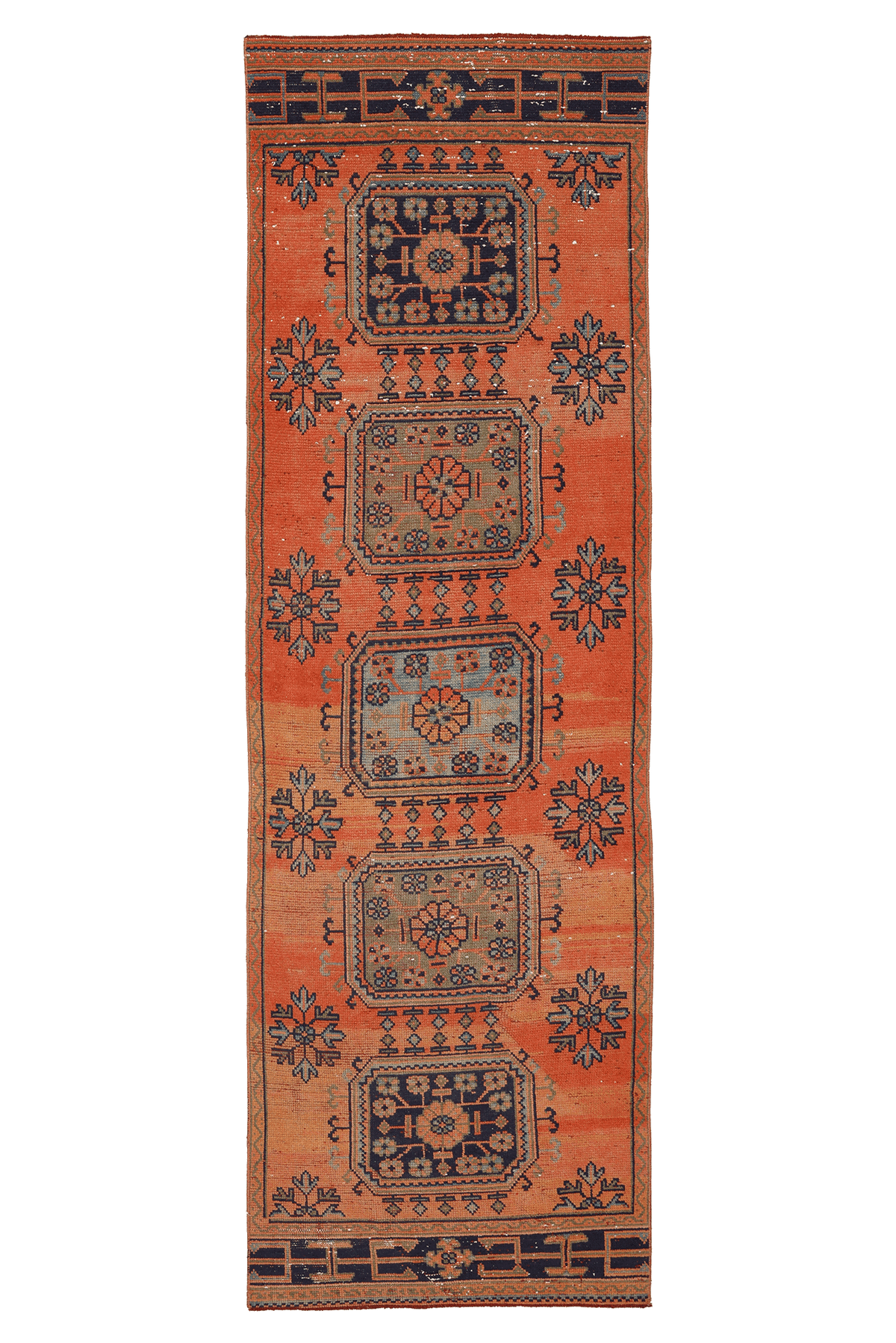 Vintage Konya Turkish Runner Rug 3x10 ft — Orange & Blue Floral