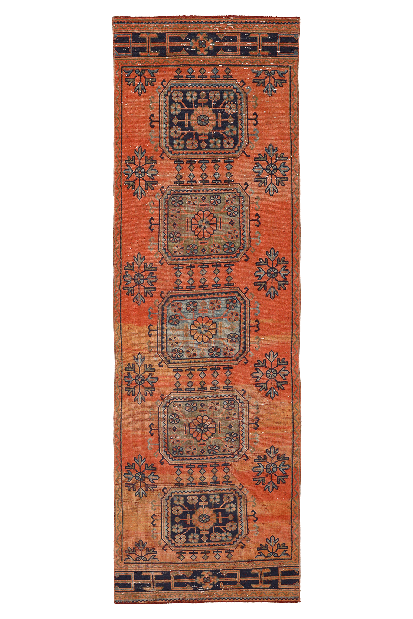 Vintage Konya Turkish Runner Rug 3x10 ft — Orange & Blue Floral