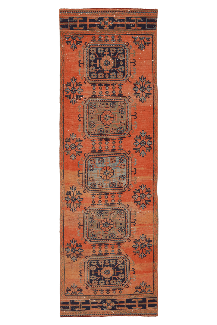Vintage Konya Turkish Runner Rug 3x10 ft — Orange & Blue Floral