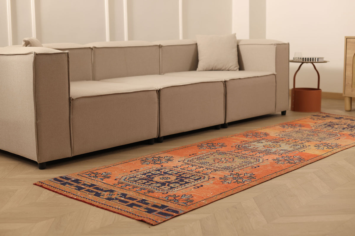 Vintage Konya Turkish Runner Rug 3x10 ft — Orange & Blue Floral