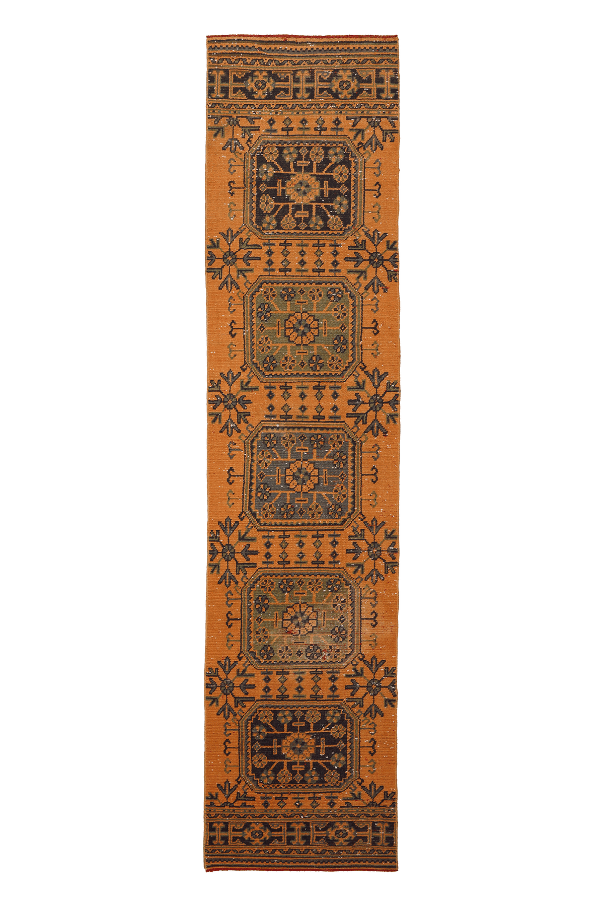 Vintage Konya Turkish Runner Rug 3x11 ft — Orange & Brown Geometric