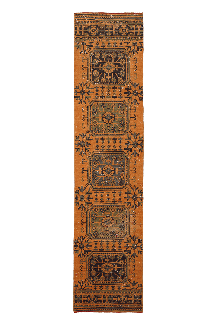 Vintage Konya Turkish Runner Rug 3x11 ft — Orange & Brown Geometric